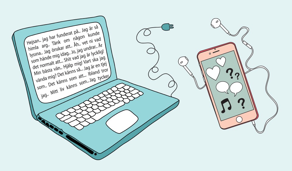 Laptop med text och en mobil