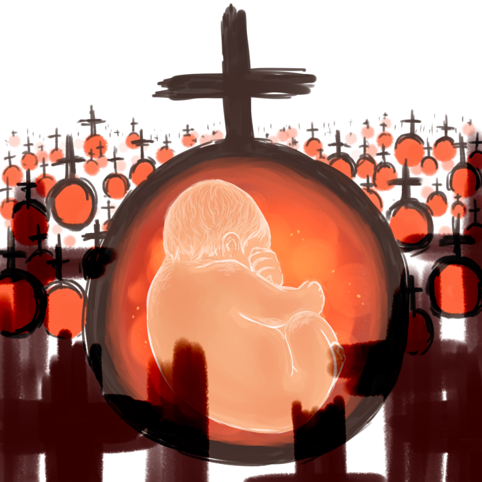 Ett barn ligger som i magen inuti en upp-och-nedvänd kvinnosymbol, i bakgrunden syns fler, korsen i kvinnosymbolen bildar en kyrkogård