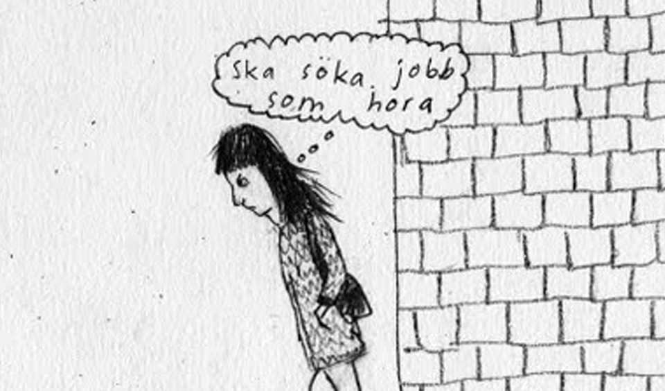 Klara går ute och tänker argt "Ska söka jobb som hora"