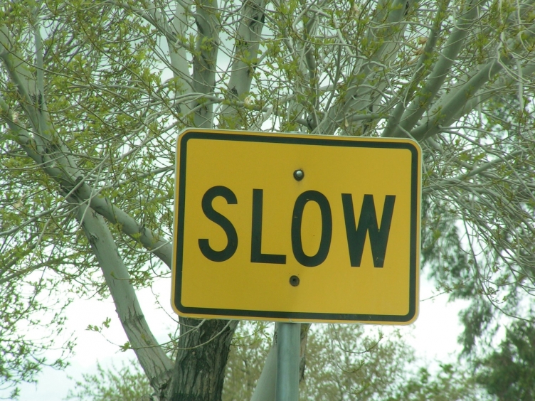 Vägskylt med texten "Slow"