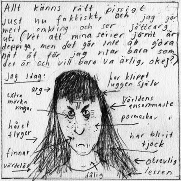 Allt känns rätt så pissigt just nu, jag går mest runt och ser jättearg ut. (Vet att mina serier jämt är deppiga, men det går inte att göra nåt åt för jag ritar bara som det är och vill bara vara ärlig, okej?) Bild på arg Klara, förklaringstext och pilar.