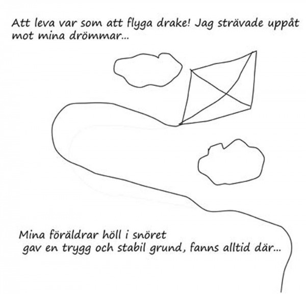 Att leva var som att flyga drake! Jag svävade uppåt mot mina drömmar... Mina föräldrar höll i snöret, gav en trygg och stabil grund., fanns alltid där...