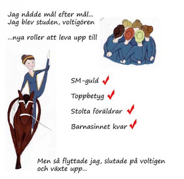 Jag nådde mål efter mål... Jag blev stunden, voltigören ...nya roller att leva upp till. SM-guld, Toppbetyg, Stolta föräldrar, Barnasinnet kvar. Men så flyttade jag, slutade på voltigen och växte upp...