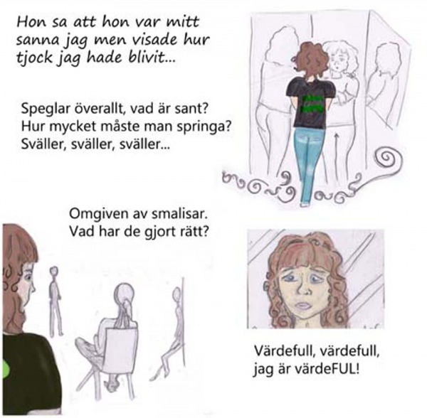 Hon sa hon var mitt sanna jag men visade hur tjock jag blivit... Speglar överallt vad är sant? Hur mycket måste man springa? Sväller, sväller, sväller. Omgiven av smalisar, vad hade de gjort rätt? (Tittar sig i spegeln) Värdefull, värdefull, är värdeFUL!